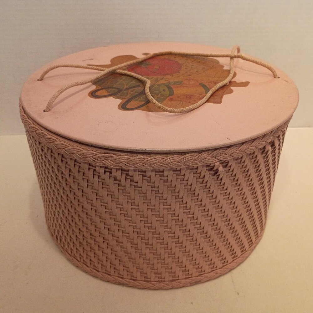 Vintage 1940’s Princess Pink Round Wicker/Wood Sewing Basket Box Floral Decals